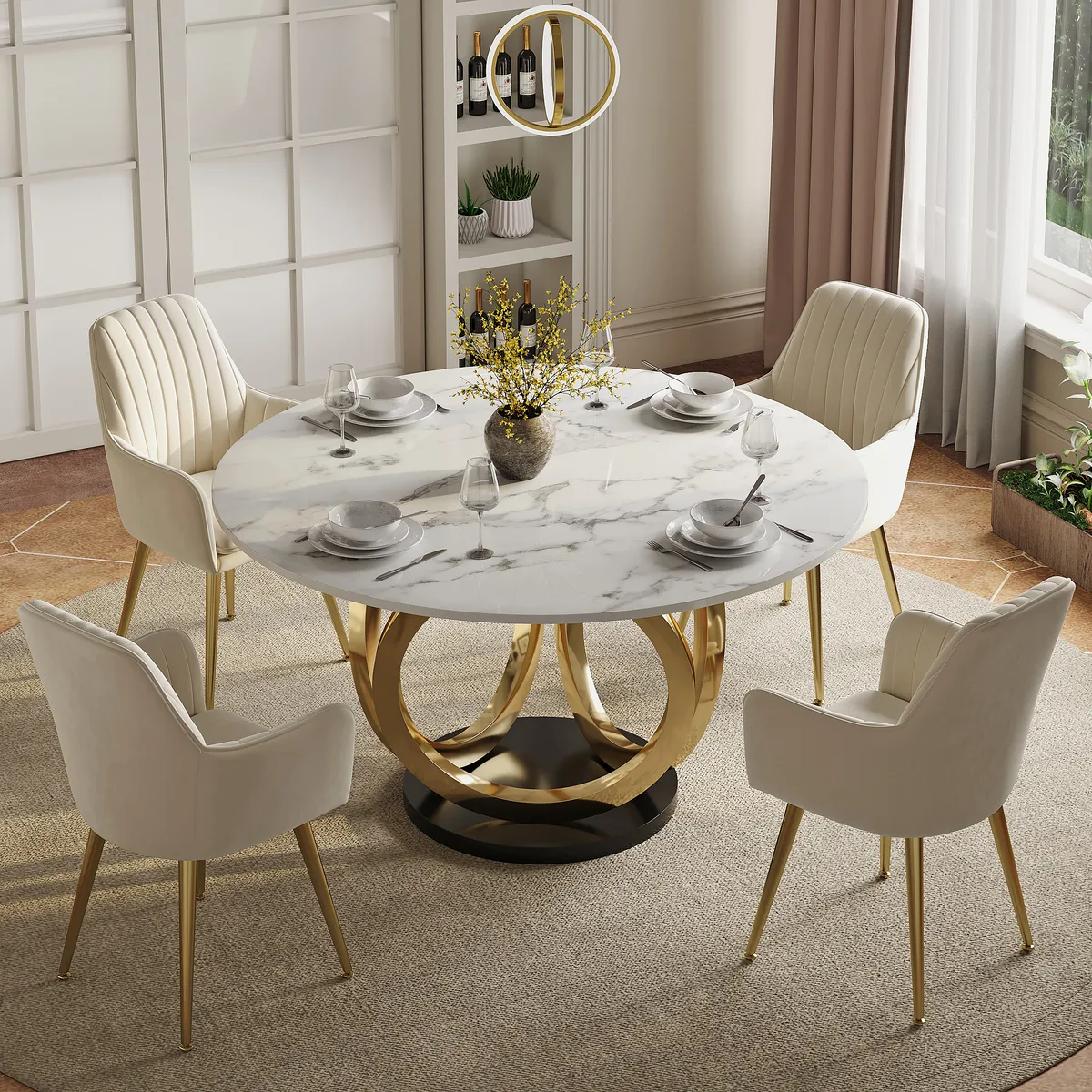 Dining Table Set 53.1" Faux Marble Dining Table White with 4 Velvet Chairs Modern — image 12