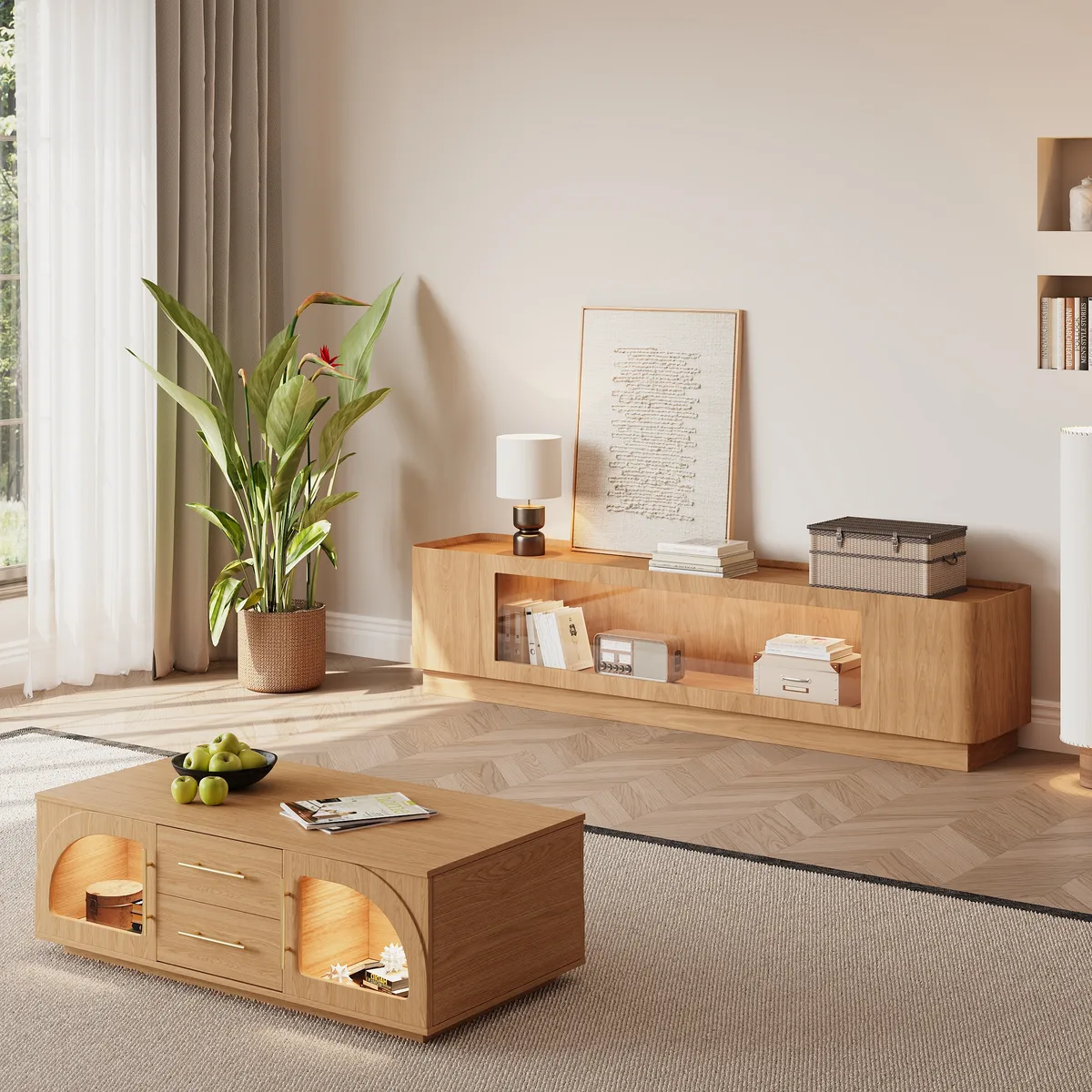 79'' Glass Door TV Stand Mid Century Modern Wood Media Console with Storage & LED — image 15