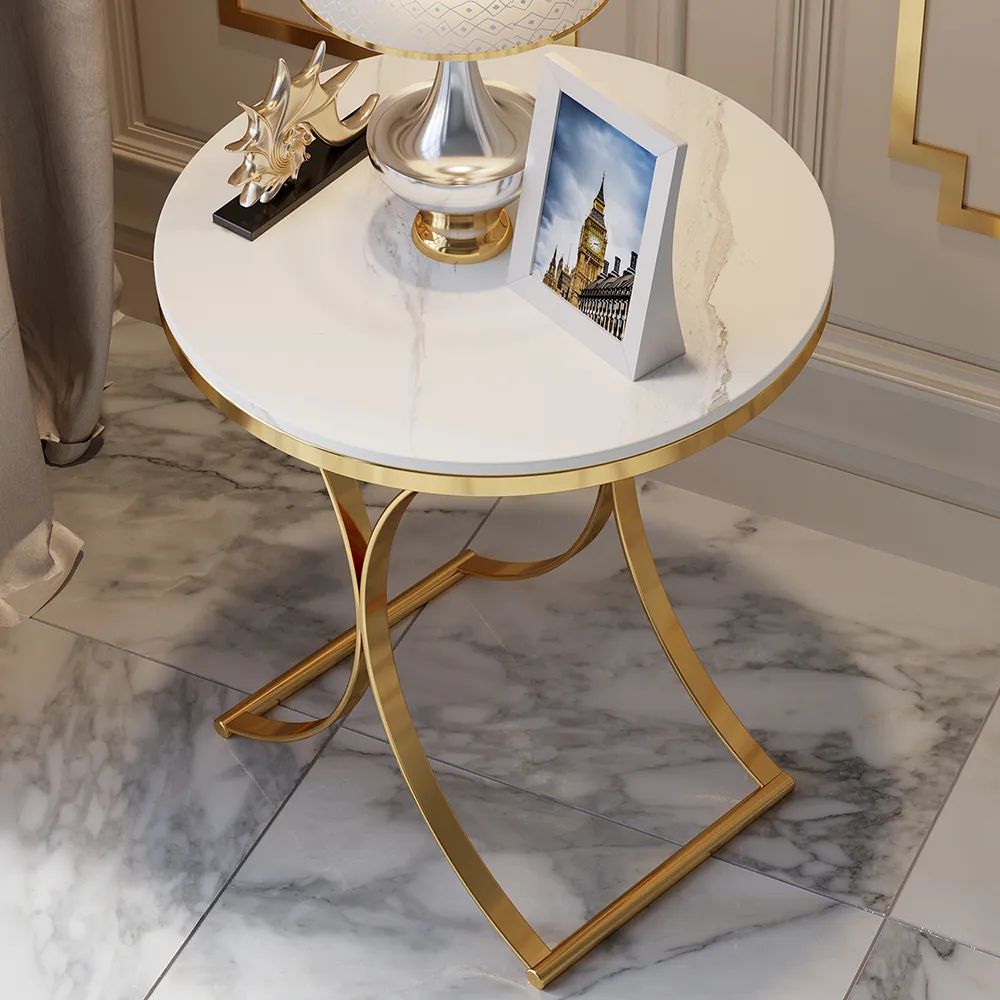 Modern Luxurious Round White Marble Stone Side Table X-Base End Table — image 5