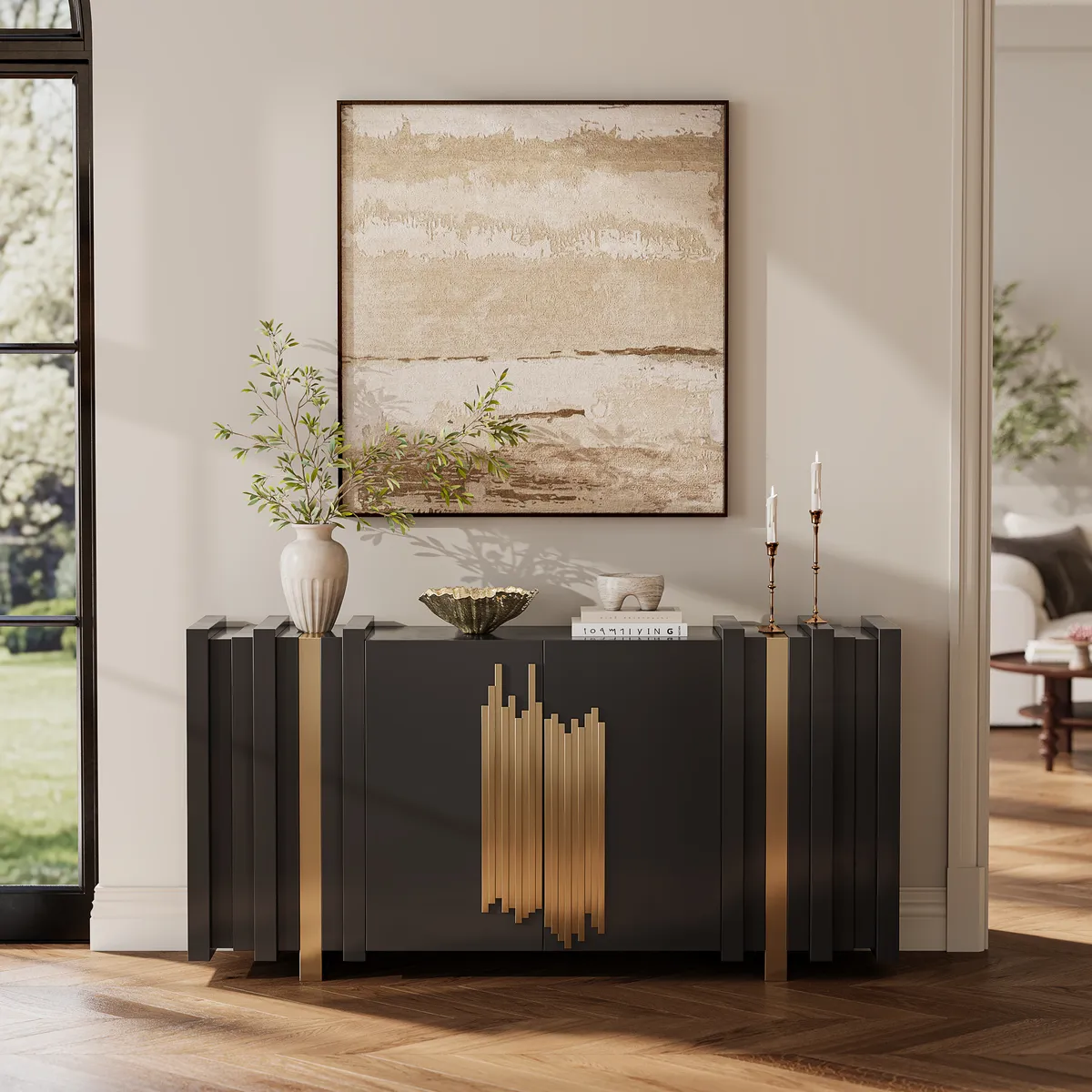 Aurea 63" Light Luxury Sideboard Black Rectangular Buffet with 2 Doors 2 Shelves