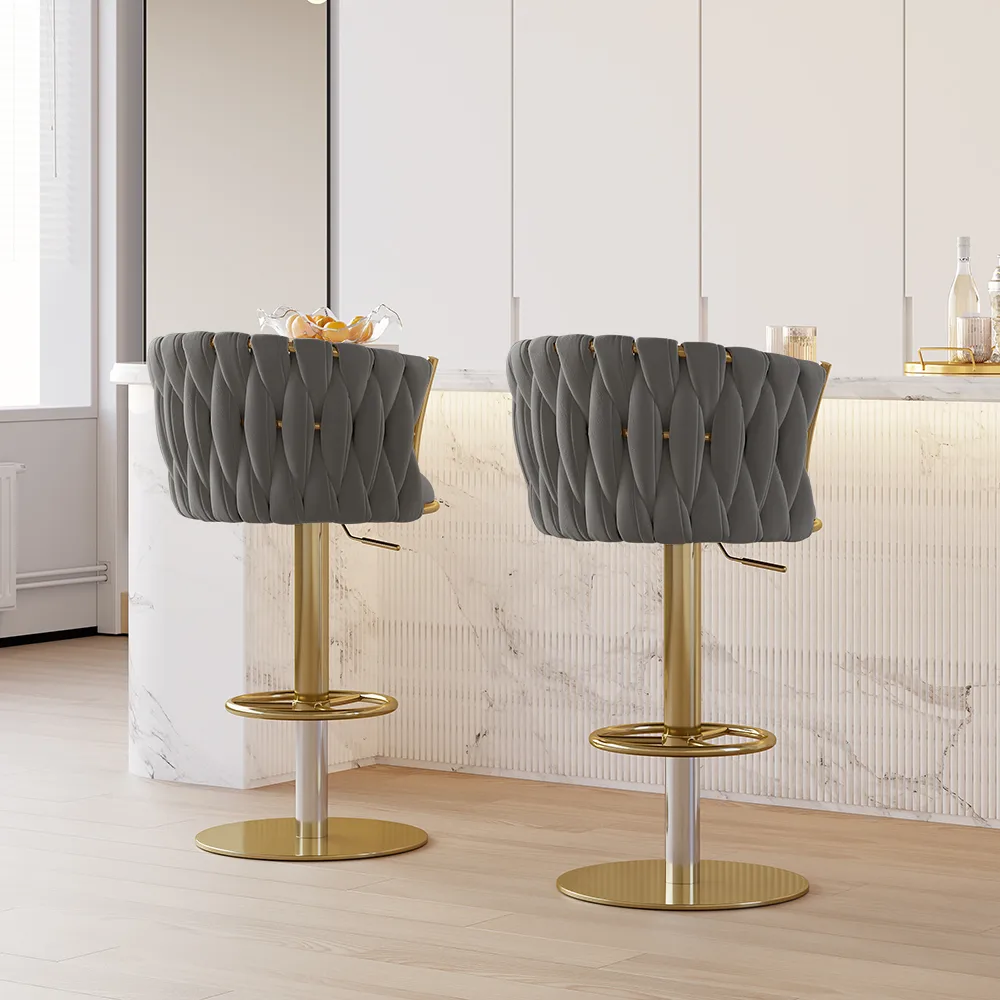 Sweave Set of 2 Gray Swivel Bar Stools Velvet Curved Back Adjustable Height — image 21