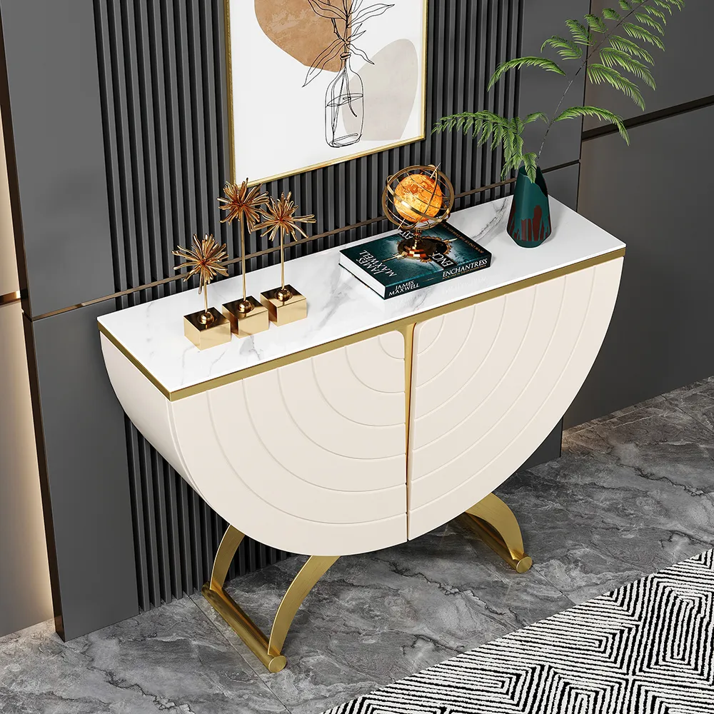 Modern Gold Console Table Sintered Stone Top Entryway Storage Cabinet with Doors — image 2