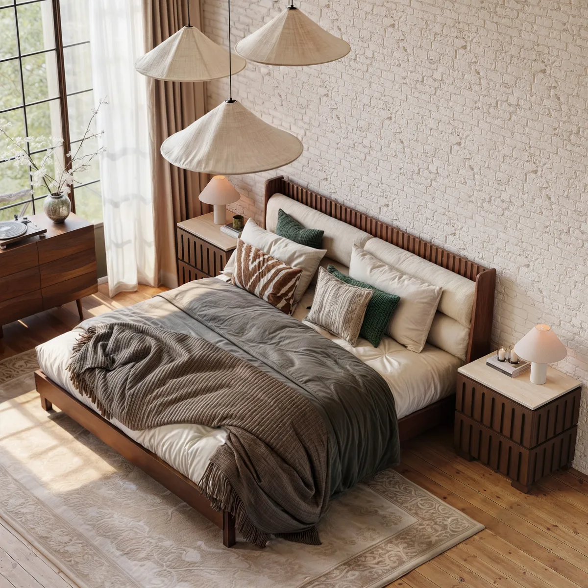 Modern Solid Wood King Upholstered Bed & 2 Drawer Ash Wood Nightstand Set with with Faux Travertine Top — image 3