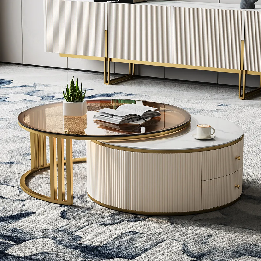 Round 2-Piece Nesting Set Sintered Stone Top Beige Coffee Table with Drawer 78.7" Modern White Boucle Upholstered Fluted 3-Seater Sofa — image 11