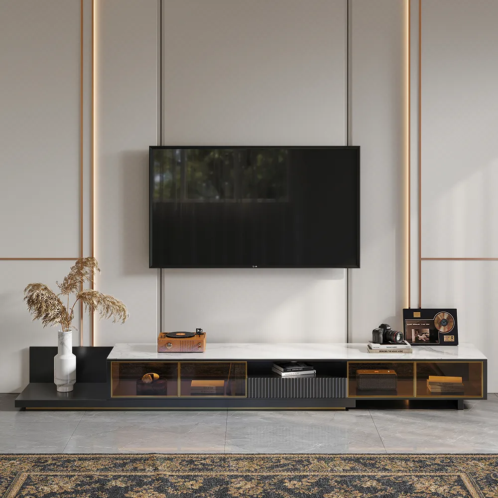 LED Light Extendable TV Stand Light Khaki Floor Media Console with Glass Door & Drawers — image 3