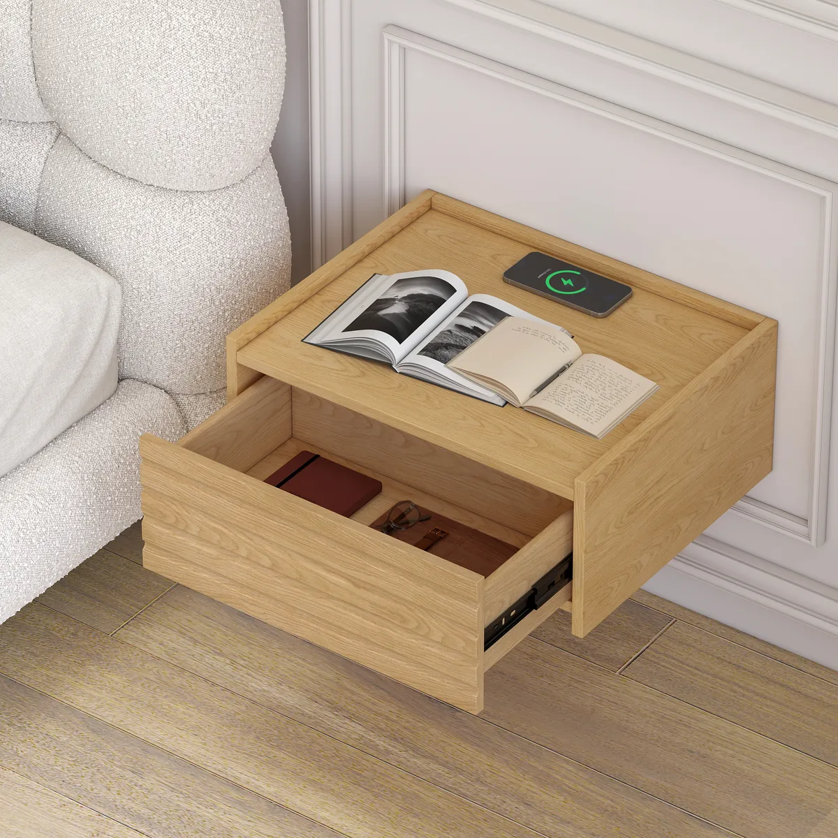 Wooden Floating Nightstand Modern Bedside Table with Charging Station — image 3
