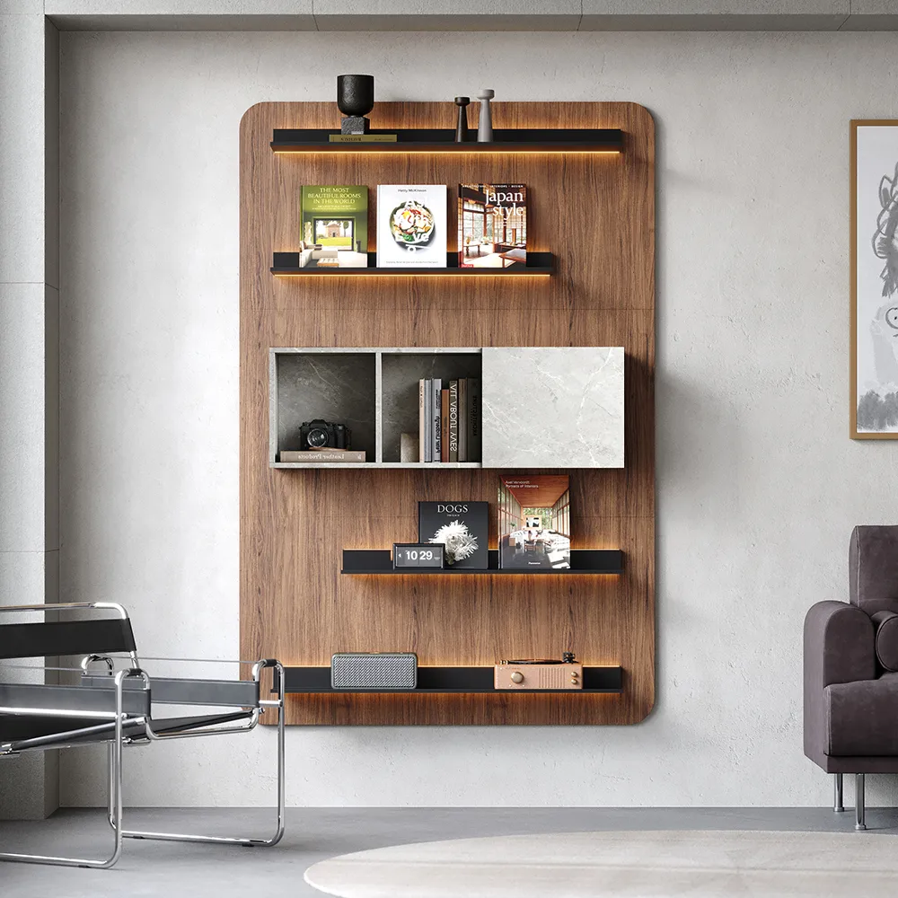 5-Tier Modern Walnut Floating Bookshelf with Storage and LED Bookcase — image 4