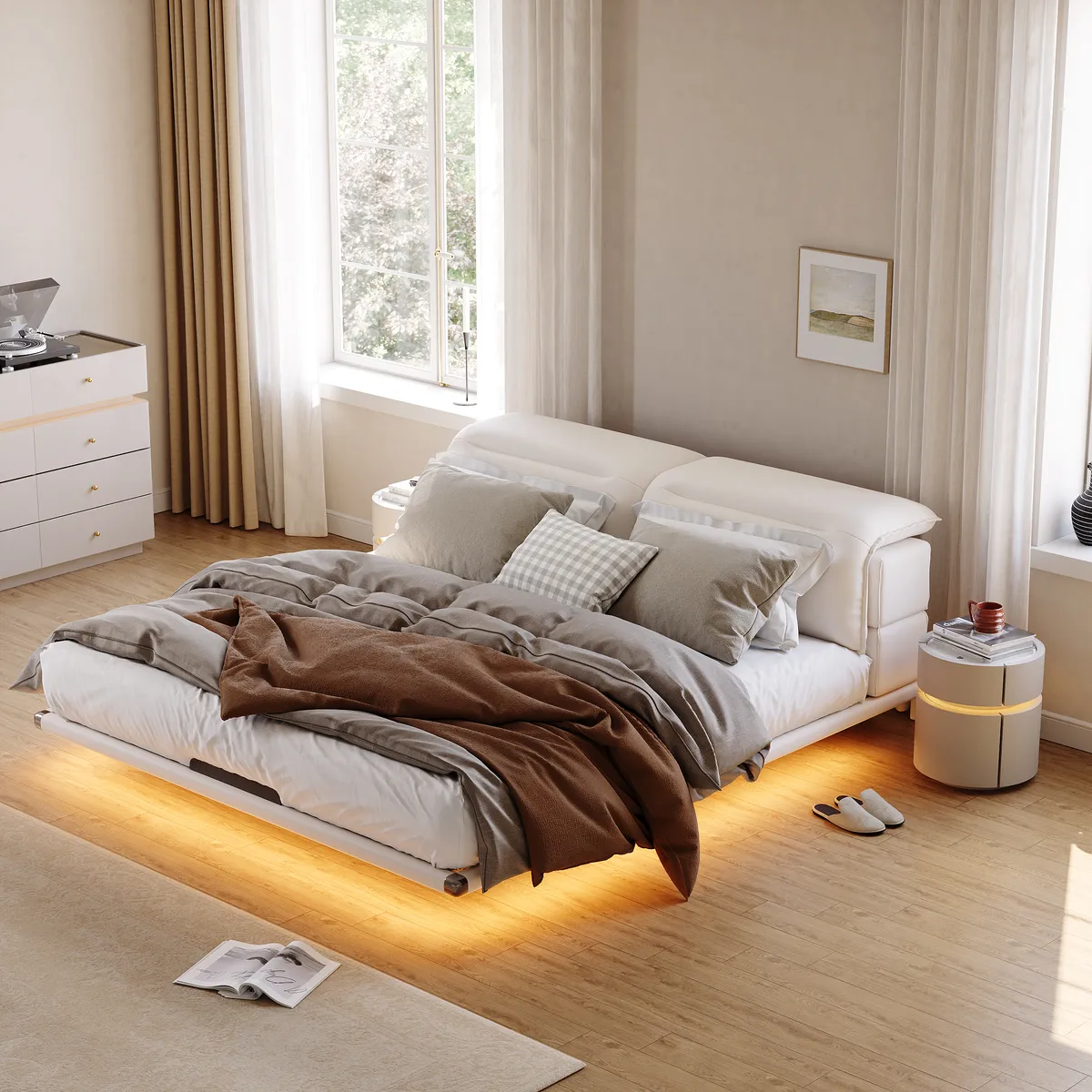 Modern King Size Floating Bed Frame with Light & Adjustable Headboard — image 10