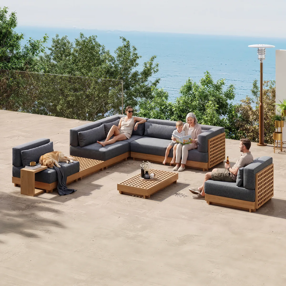 Grida 9-Piece Teak Luxury Modular L-Shaped Outdoor Patio Sectional Sofa Set in Gray with Coffee Table and Cushions — image 14