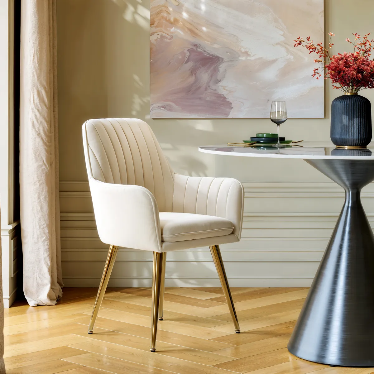 Modern Warm White Velvet Dining Chair with Cushioned Seat — image 13