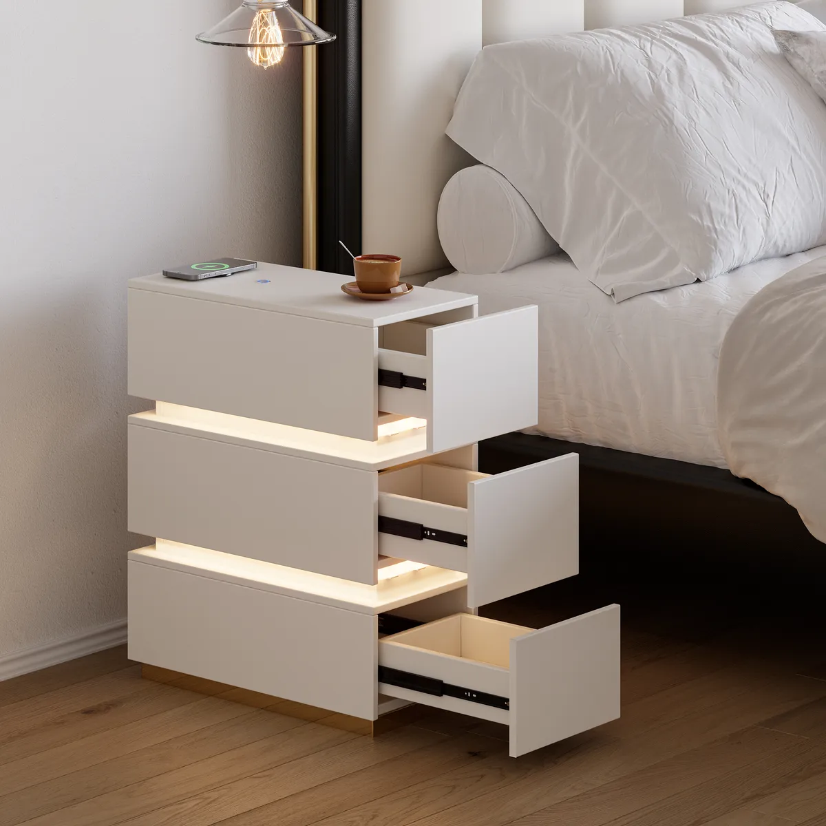 Narrow Smart 3-Drawer Nightstand with Charging Station Bedside Table with Light — image 6