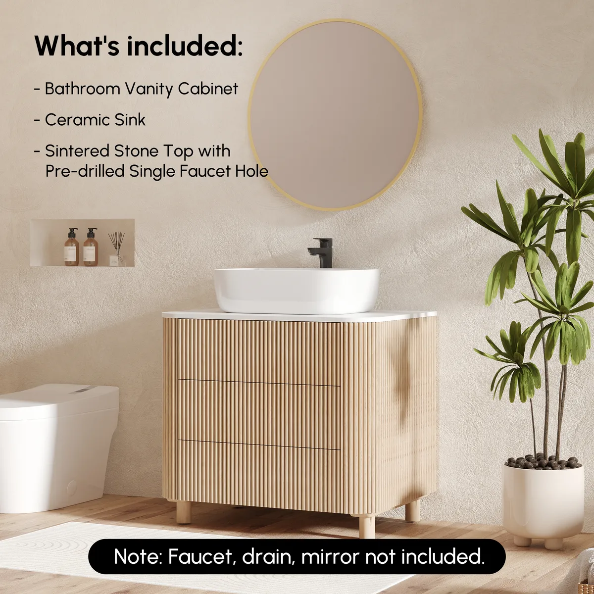 32" Fluted Freestanding Bathroom Vanity with Vessel Sink, 3-Drawers, Sintered Stone top — image 9