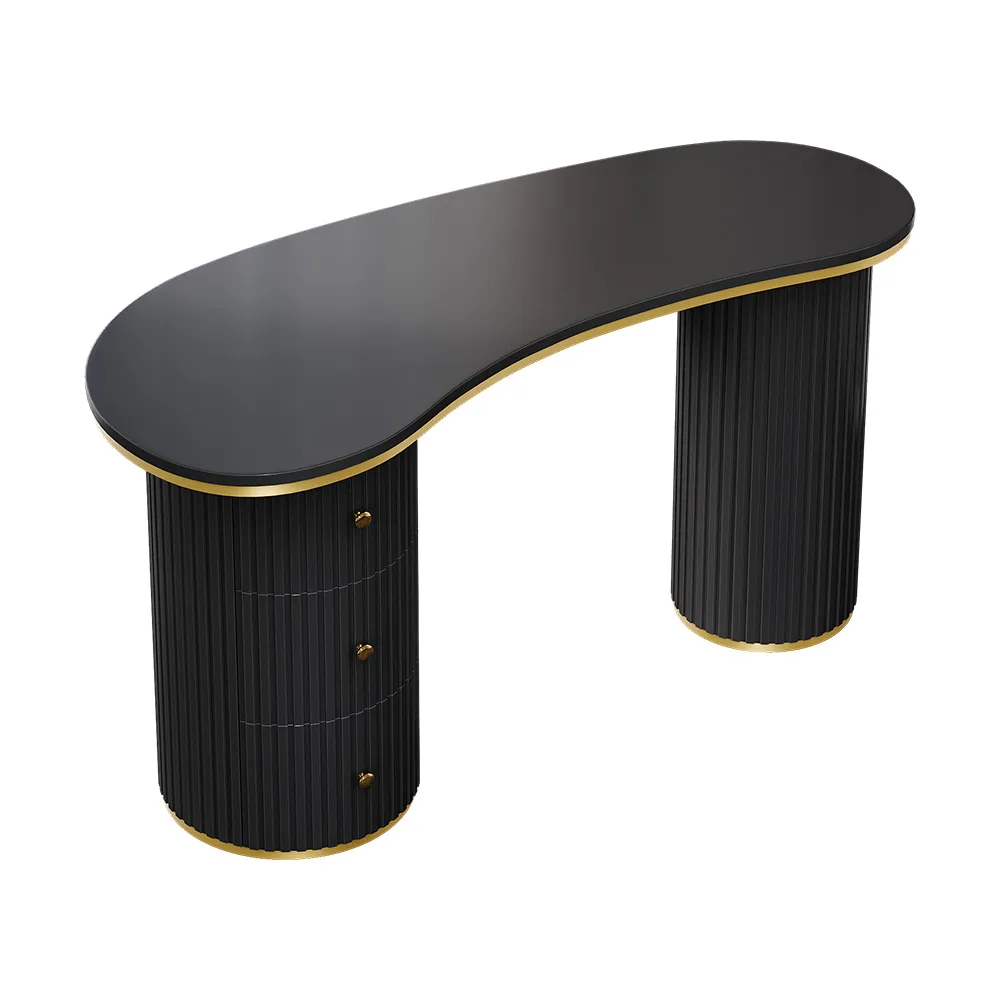 55.1" Modern Black Curved Desk 3-Drawer Wooden Home Office Desk Double Pedestal — image 9