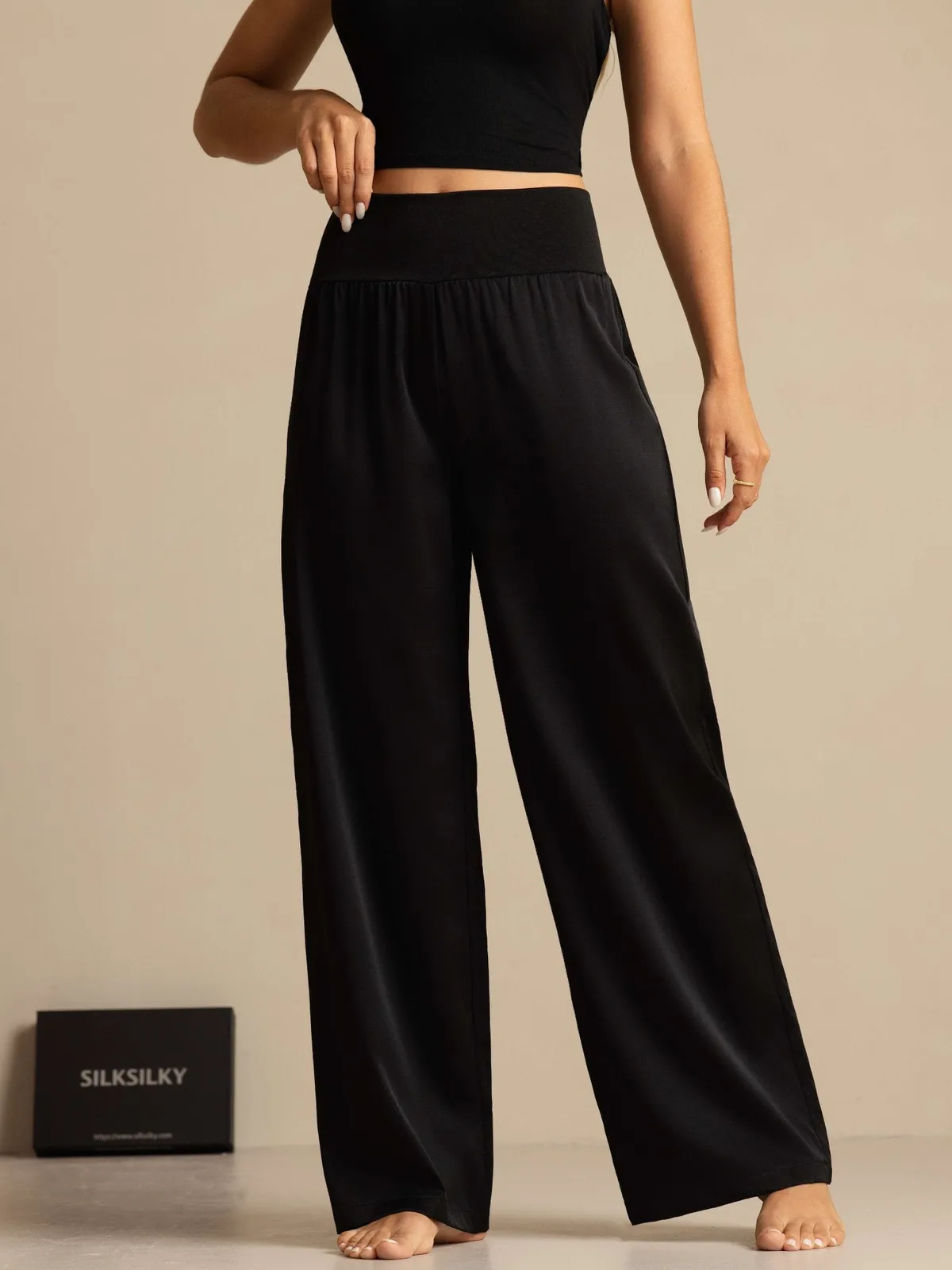 19Momme Silk Women's High-Waist Wide Leg Pants with Wide Stretch Waistband — image 5
