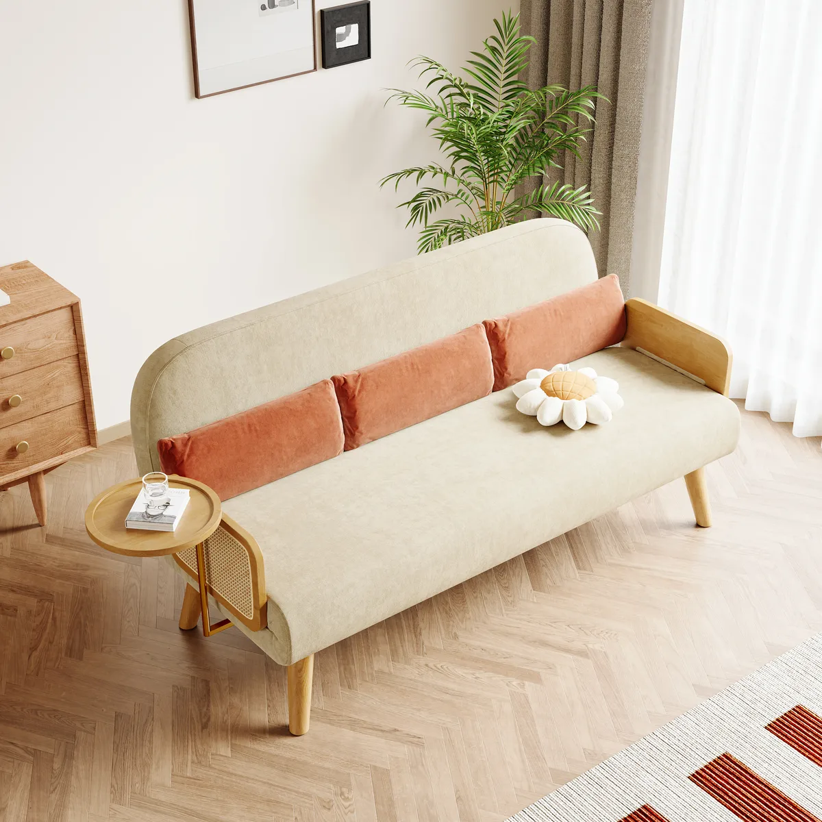Futon Bed Twin Sleeper Sofa Convertible Chair Bed with Rattan Armrest — image 22