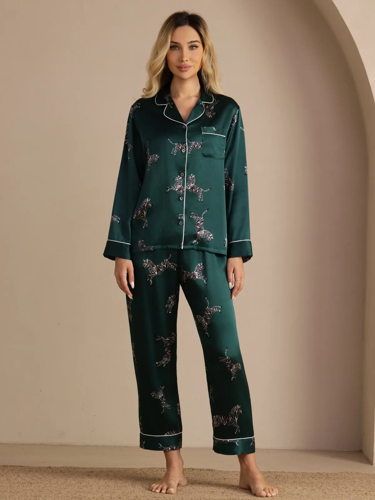 100% Mulberry Silk Women's Zebra Print Long Sleeve Button Up Pajama Set