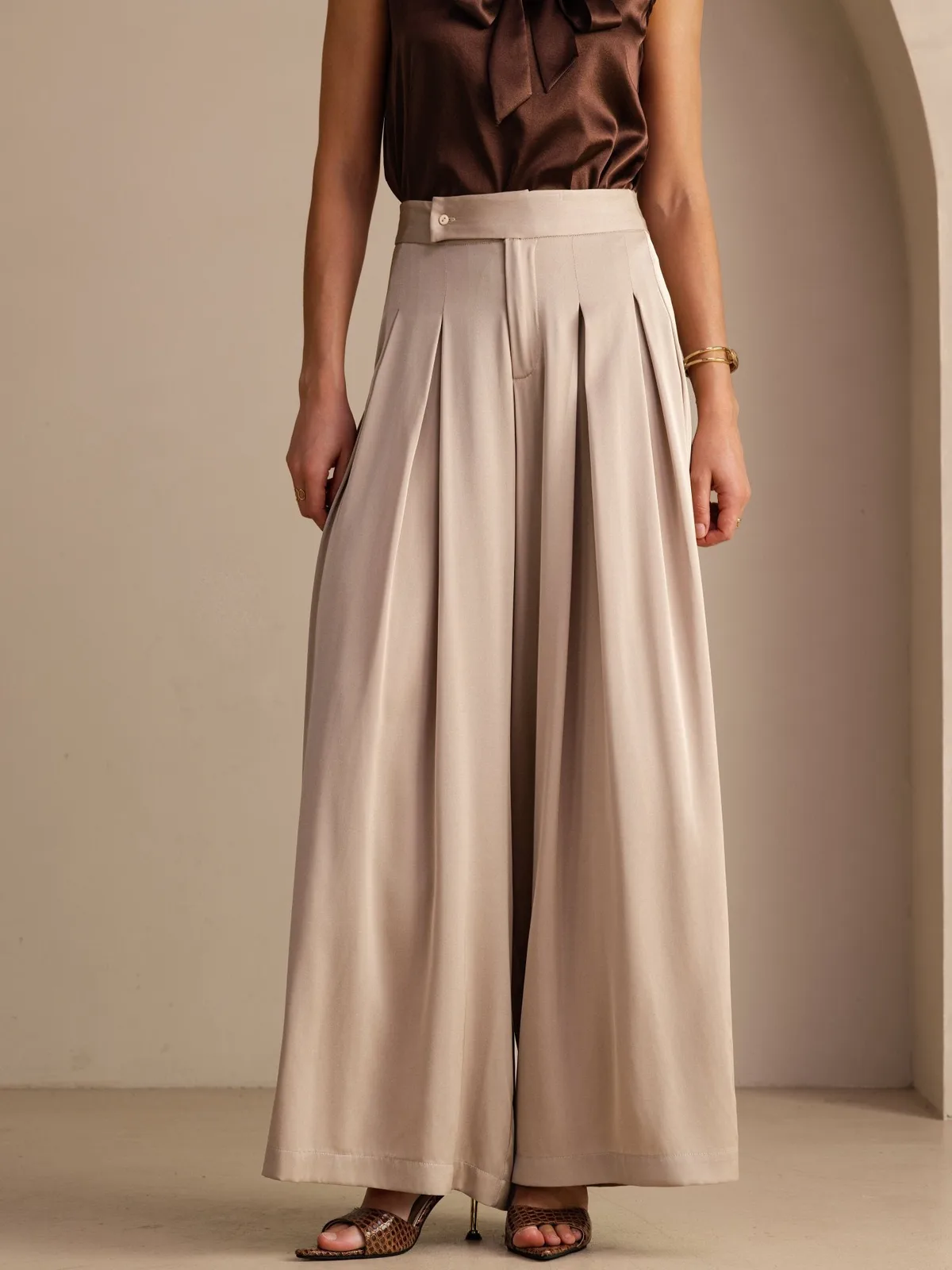 19Momme Silk Women’s High Waist Wide Leg Pleated Palazzo Pants