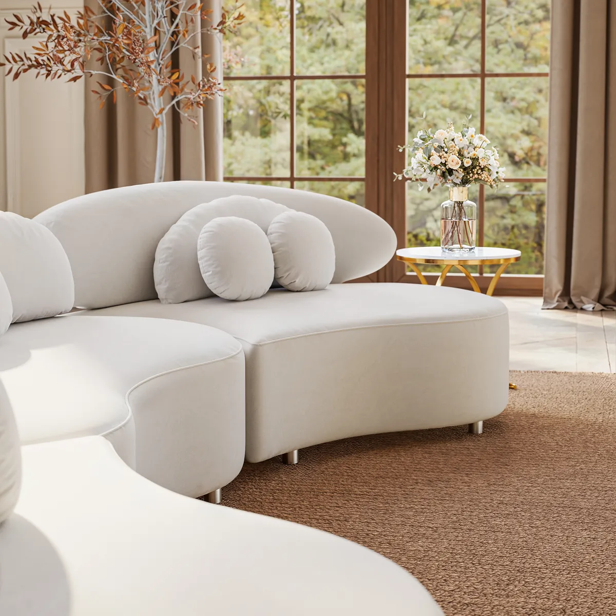 Modern 7 Seat Sectional Sofa Curved Modular Beige Velvet Upholstered with Ottoman — image 8