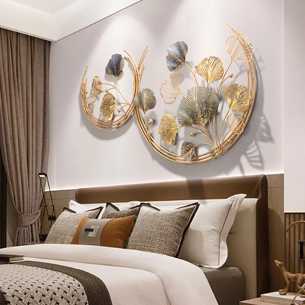 Modern 3D Hollow-out Ginkgo Leaves Wall Decor Home Metal Round Wall Art in Gold & — image 4