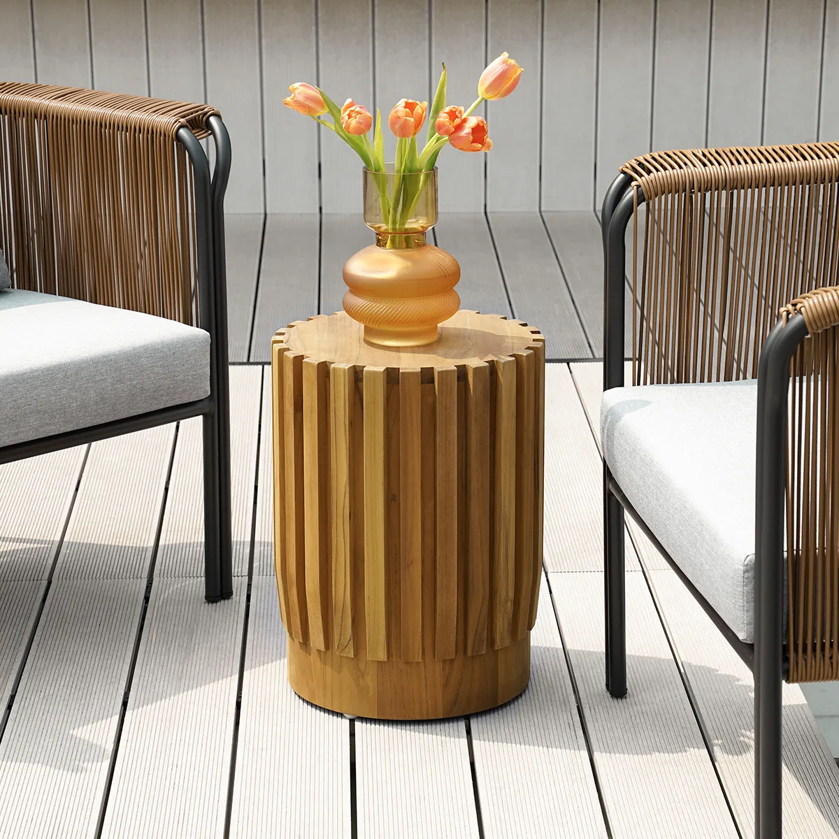 2 Pieces Rustic Round & Rectangle Teak Wood Outdoor Coffee Table Set