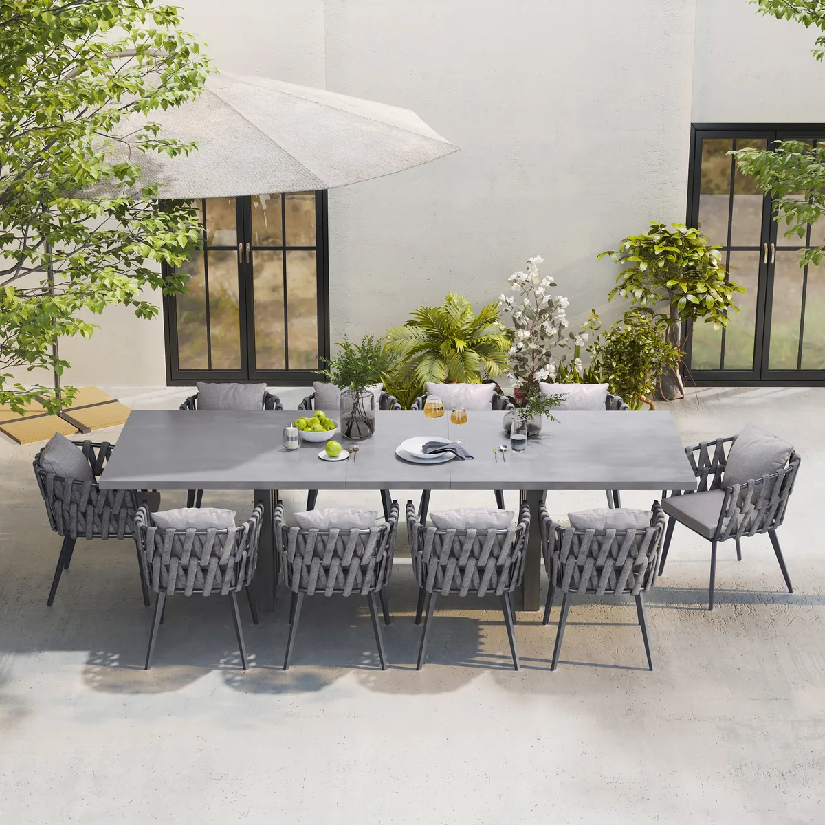 11 Pieces Gray Aluminum Outdoor Patio Dining Set with Extendable Table and Woven Armchai — image 3