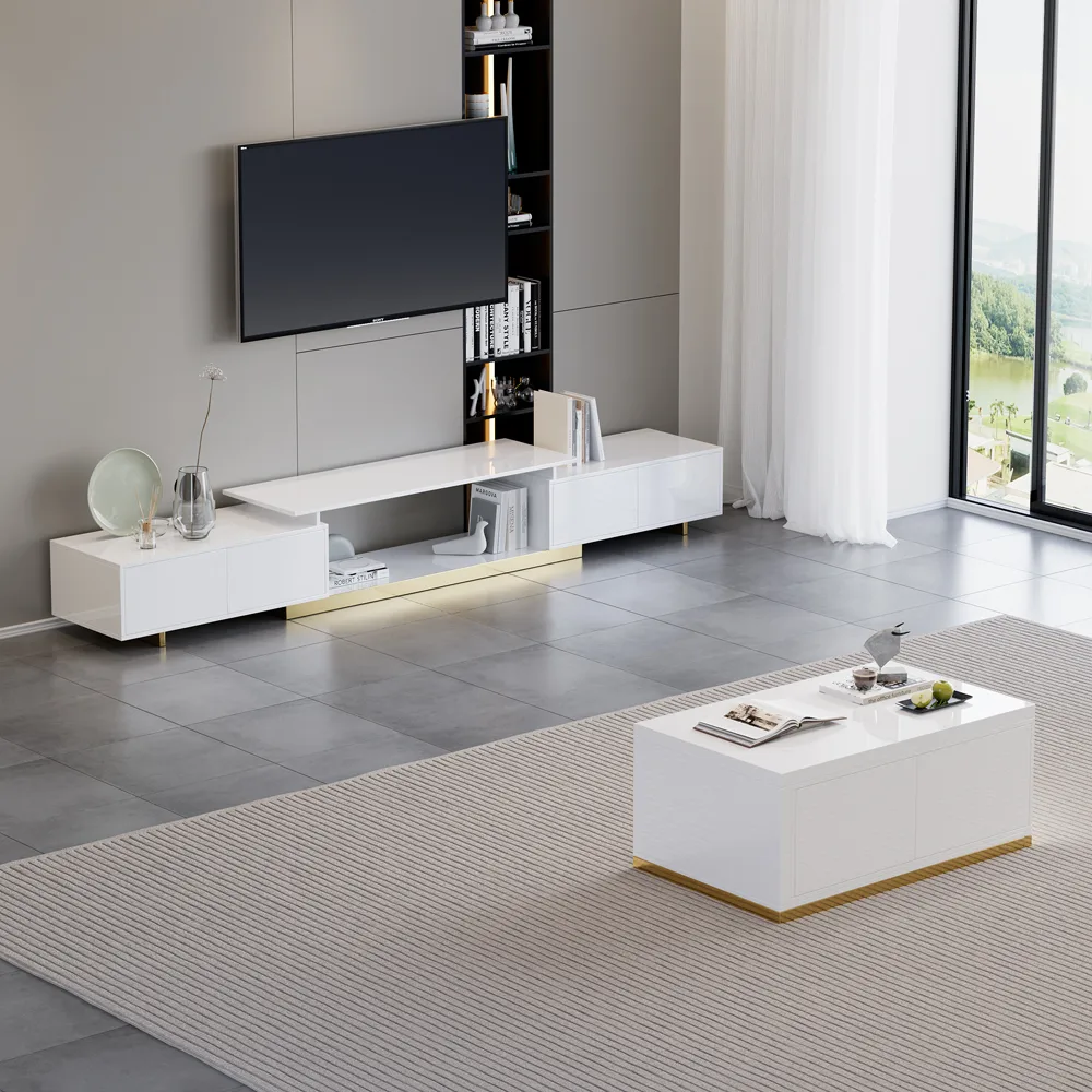 Living Room Cabinet Set Rectangle Glossy White Extendable TV Stand & 70.8" Glossy White Coffee Table Set — image 2