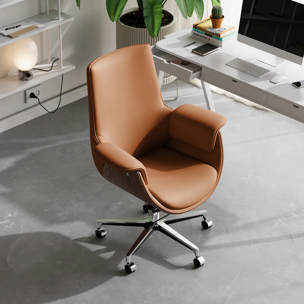 Black Leather Modern Home Office Chair Upholstered High Back Desk Chair Wood Grain Frame — image 18