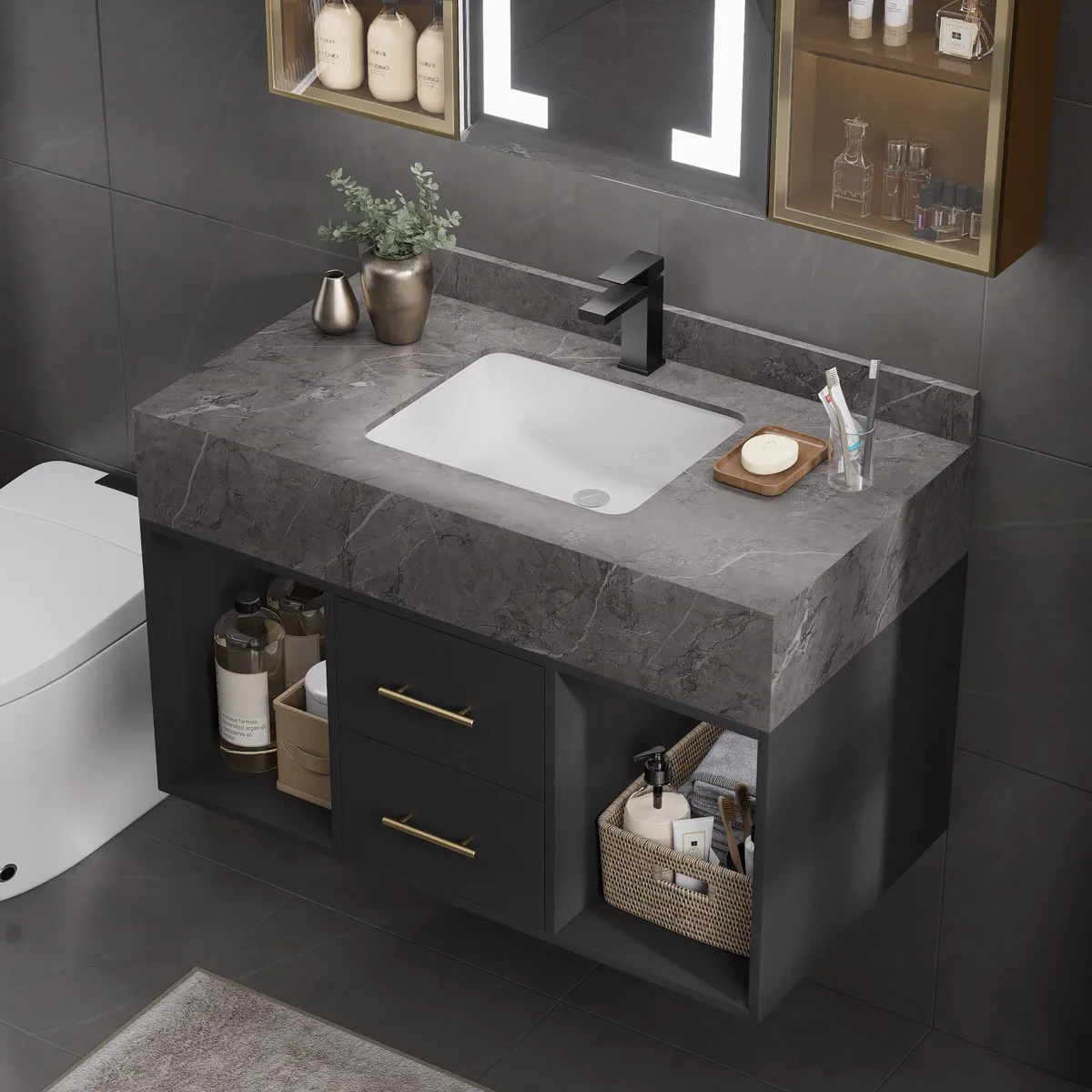 35.4" Floating Bathroom Vanity with Cultured Marble Vessel Sink with 2 Drawers — image 4