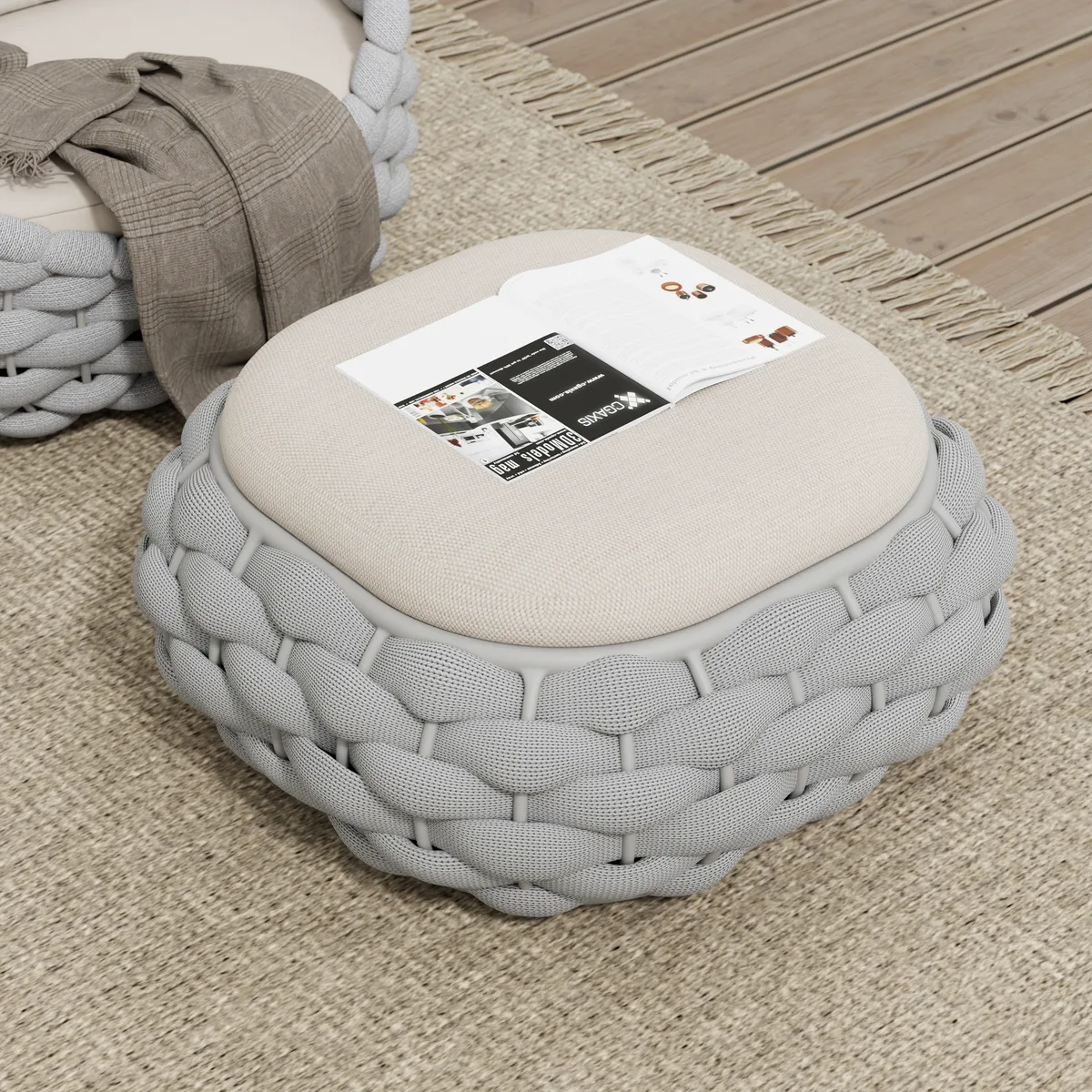 Cocaro Outdoor Storage Ottoman with Woven Rope in Light