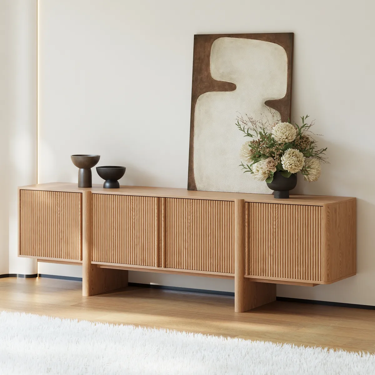 80" Solid Wood Fluted Black TV Stand with Cabinets — image 12