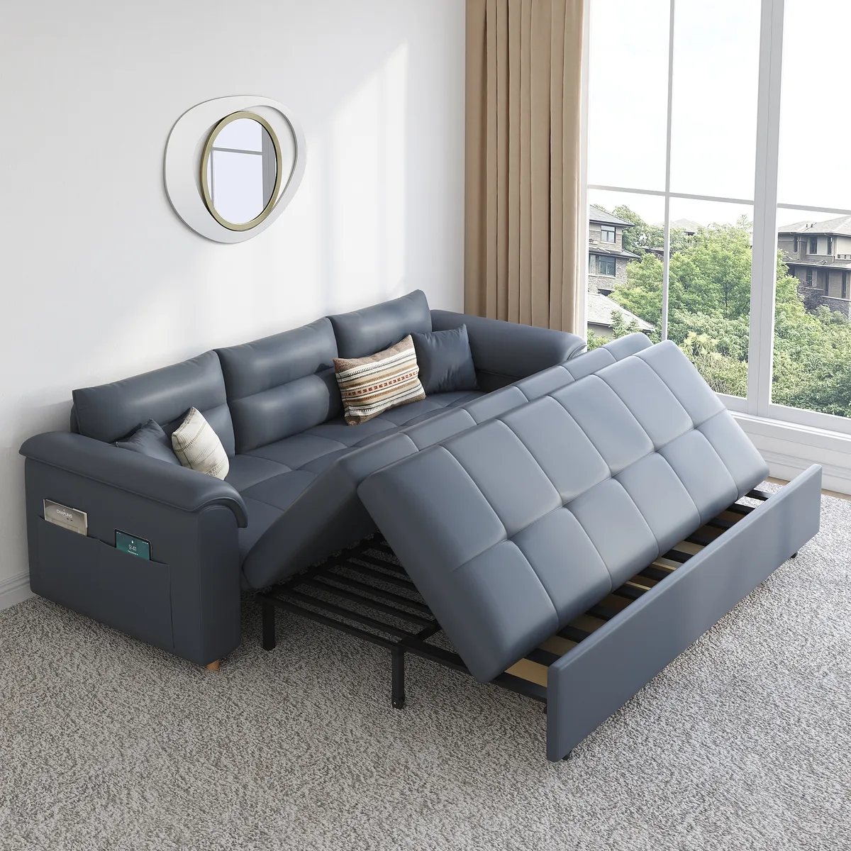 Leather Queen Size Sleeper Sofa with Trundle Pull Out Sofa Bed — image 2