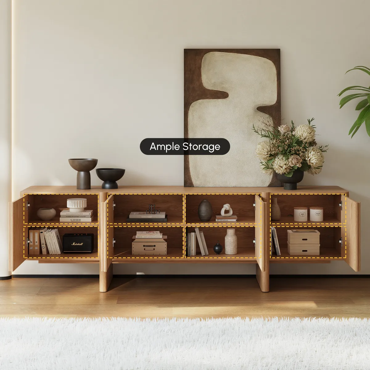 80" Solid Wood Fluted Black TV Stand with Cabinets — image 20