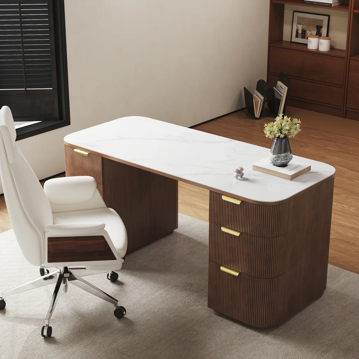 Walnut Ash Wood & Sintered Stone Rectangle Desk with 6 Drawers (63.8") — image 14