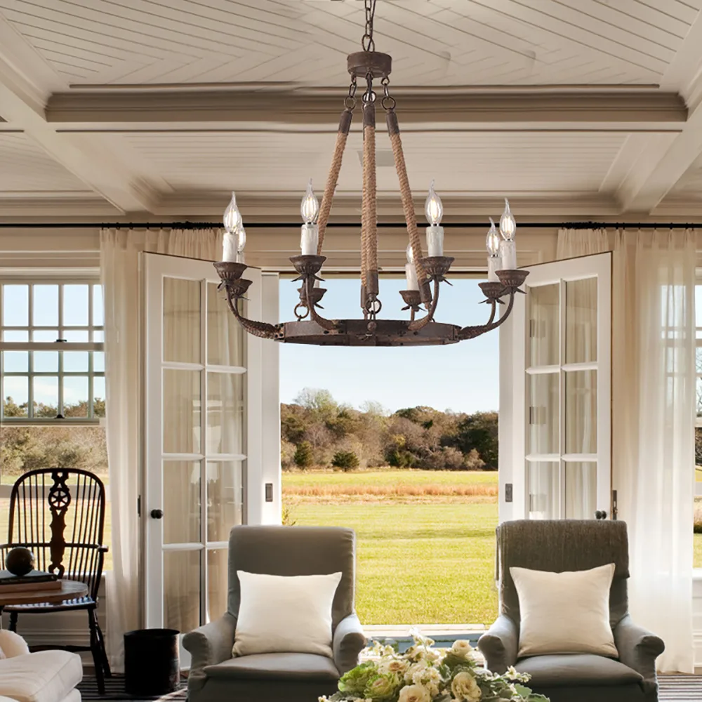 Bever Vintage 12-Light Candelabra Wagon Wheel Chandelier with Flaxen Hemp Rope — image 13