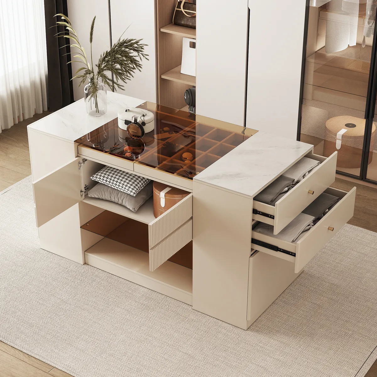 60" Glass Top Walnut Dresser Walk-in Closet Island with Jewelry Storage — image 26