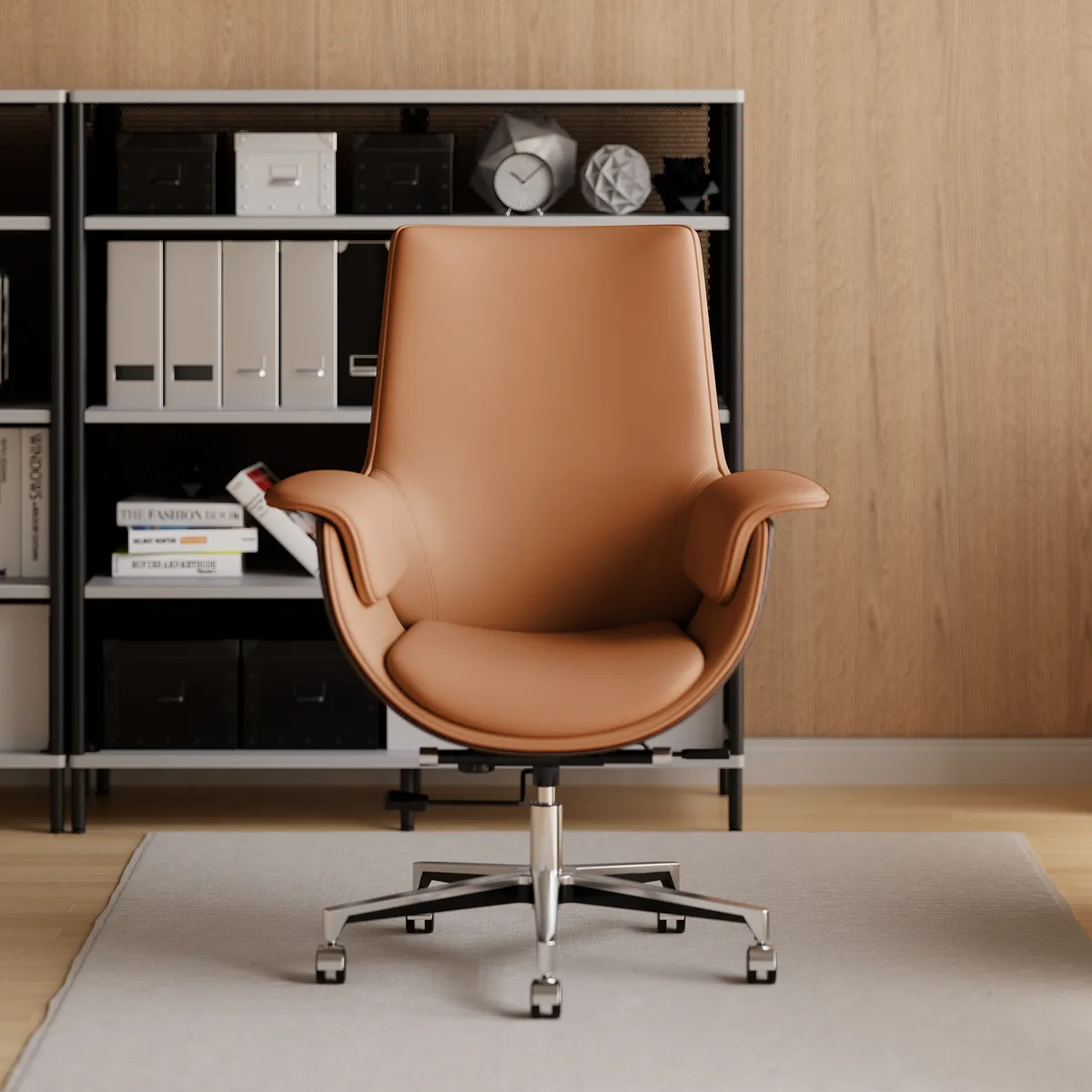 Black Leather Modern Home Office Chair Upholstered High Back Desk Chair Wood Grain Frame — image 12