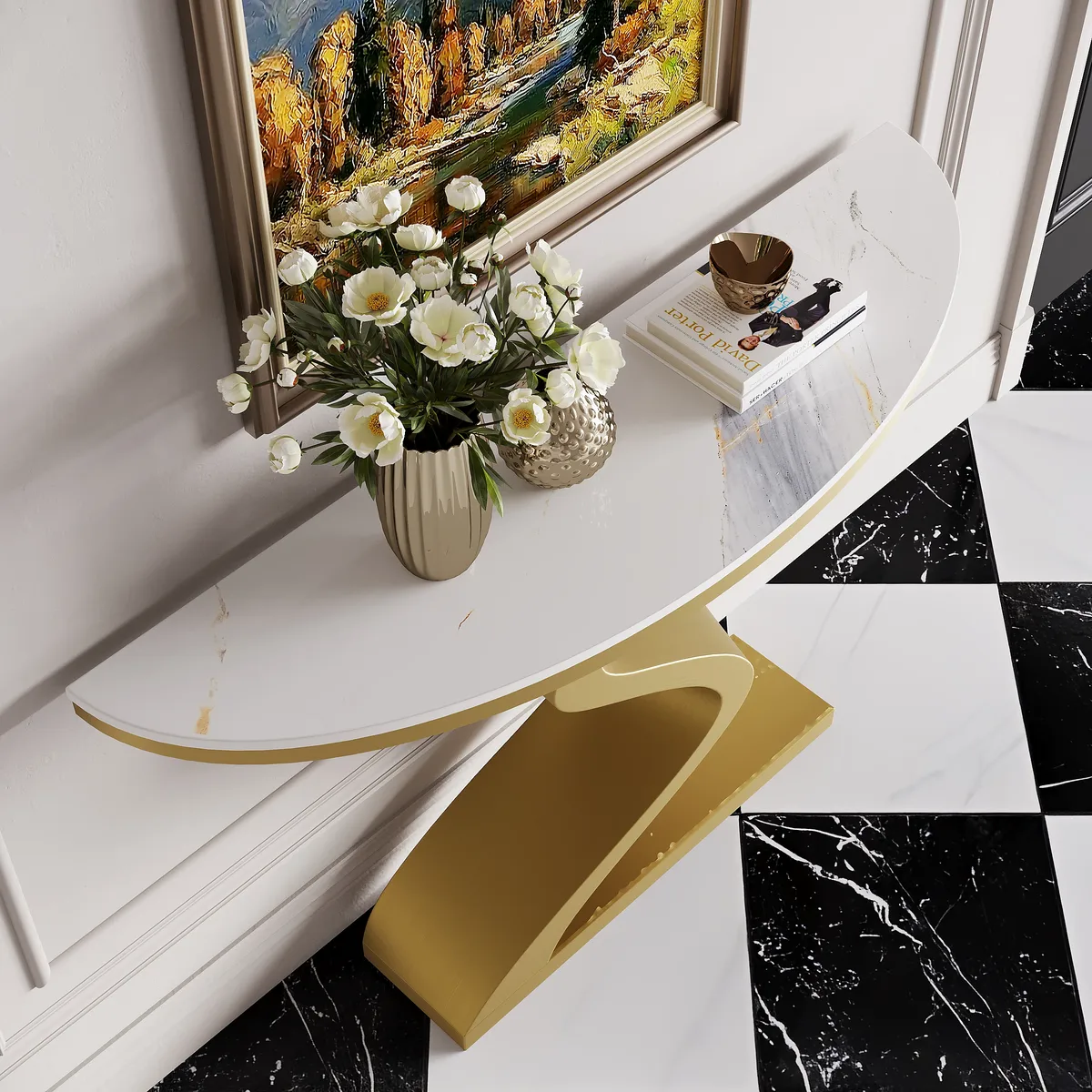 Curved Console Table with Sintered Stone Top Half Moon Shape Entryway Furniture — image 22
