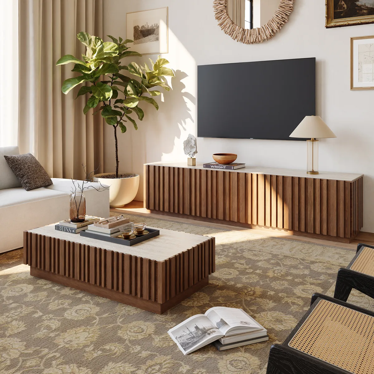 Aura TV Stand Set of Ash Wood Slatted TV Stand & Coffee Table with Sintered Stone Top — image 2