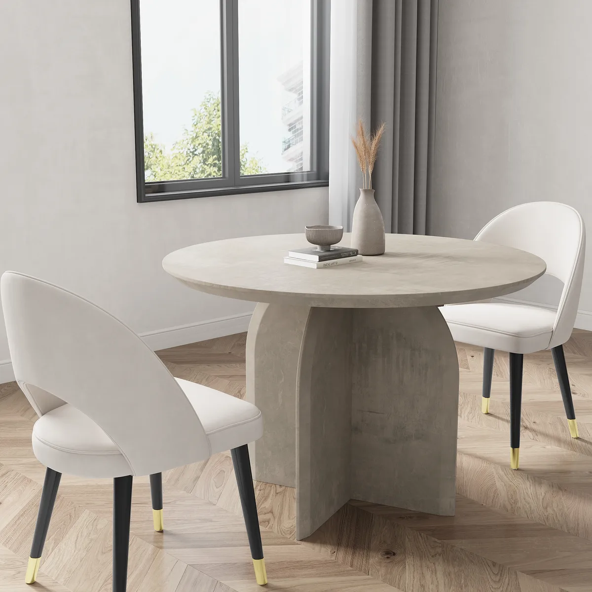 Dining Table Set 39.4" Round Wood Dining Table & 4 Upholstered Light Gray Velvet Dining Chairs Modern — image 4