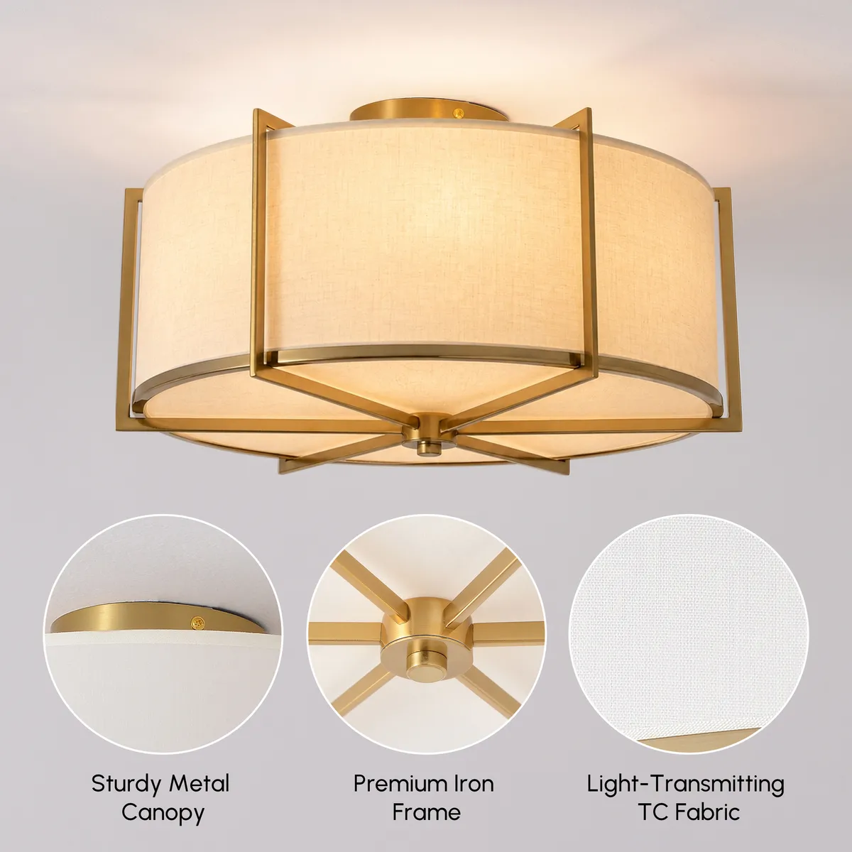18" Fabric Flush Mount Light in Gold Finish, 3-Light — image 6