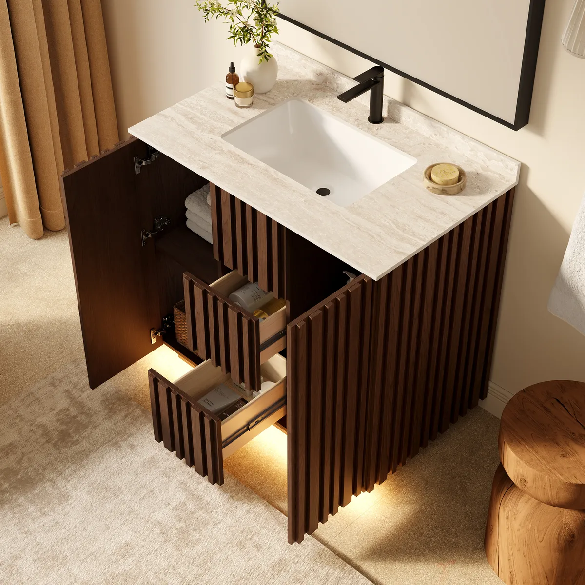 Aura 36" Fluted Bathroom Vanity with Sink, Freestanding Single Sink Vanity with Light — image 3