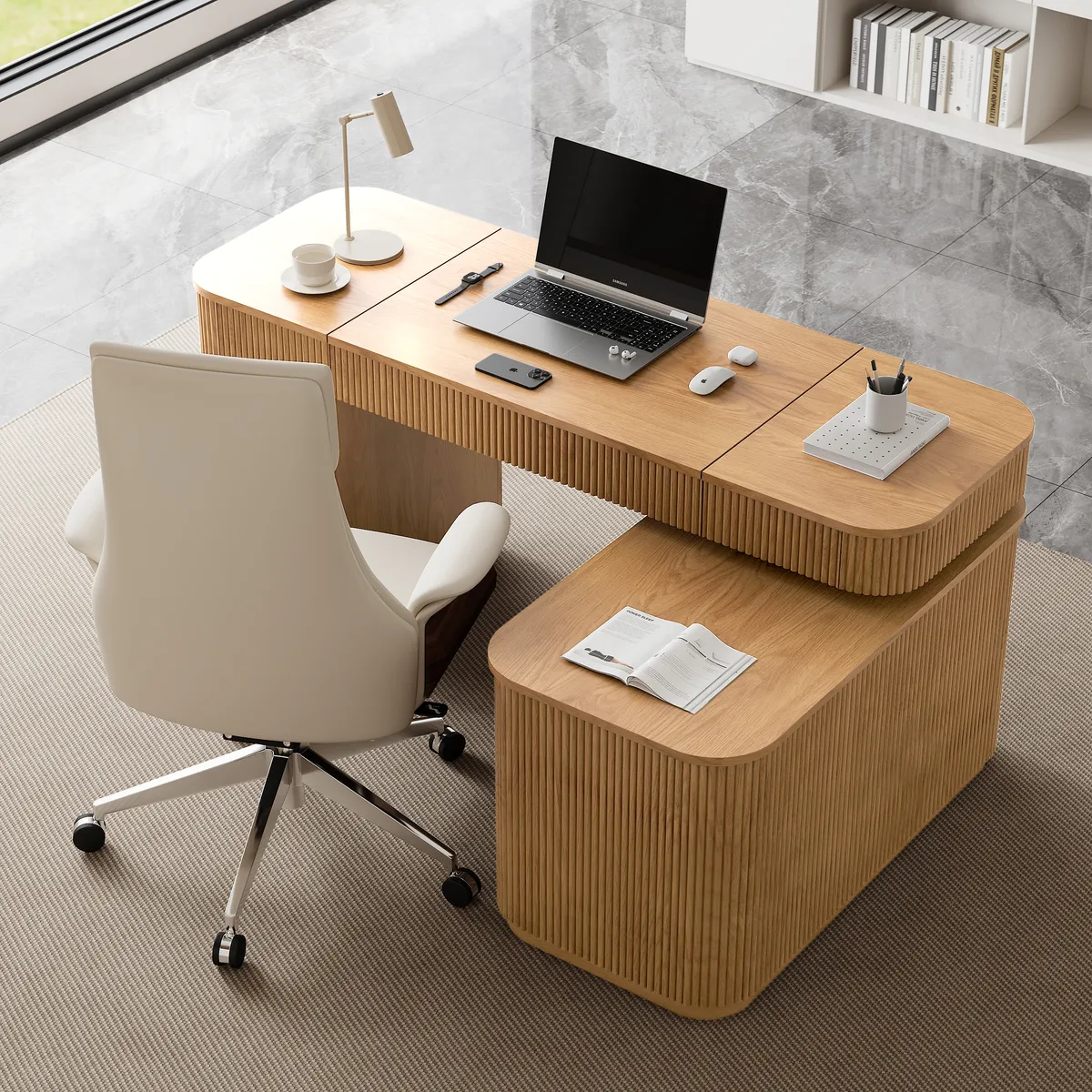 Modern 65" L-Shape Natural Executive Desk with Right-Side Cabinet — image 15
