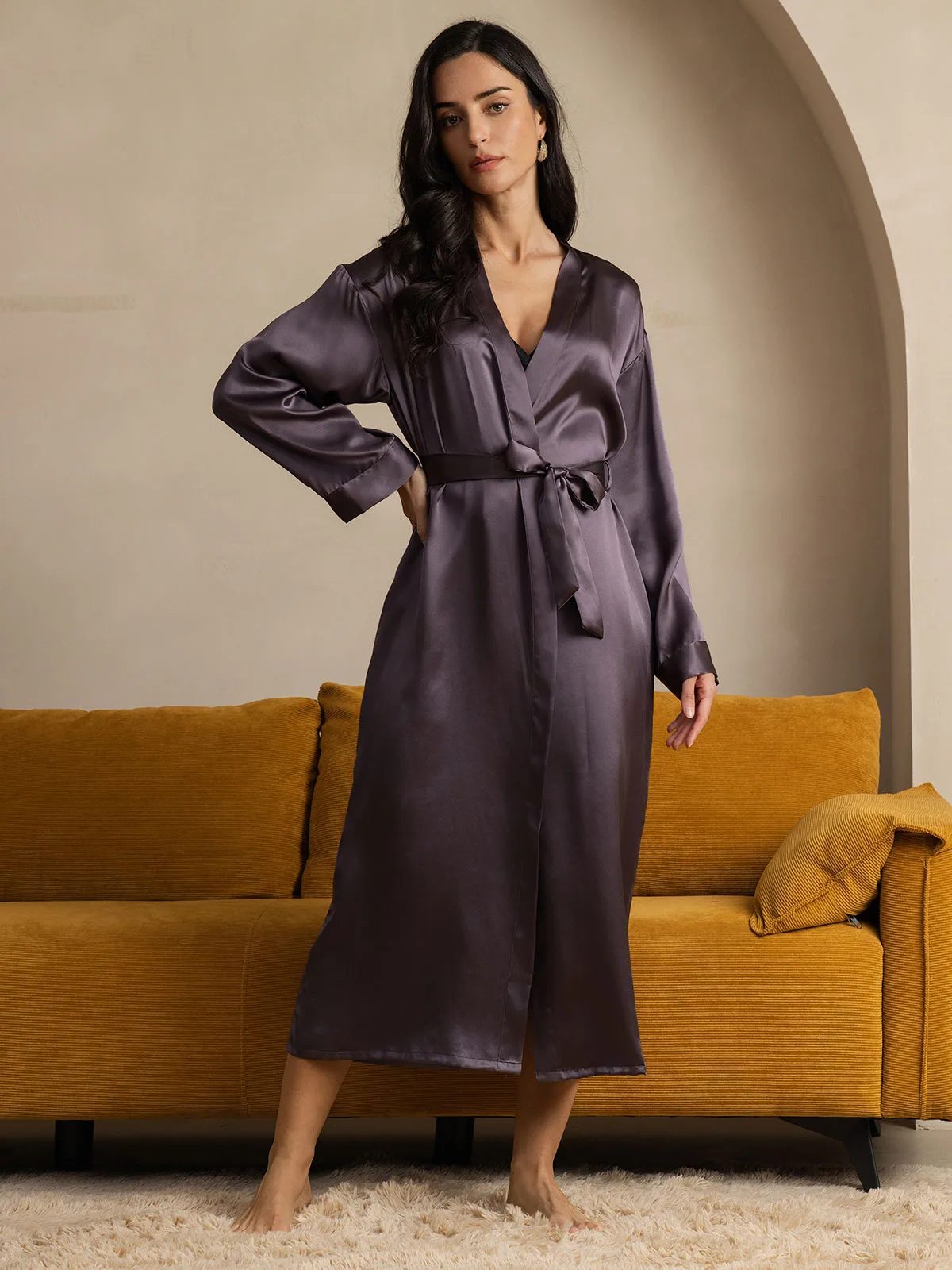 Women's 100% Mulberry Silk Long Sleeve Midi Wrap Robe — image 3