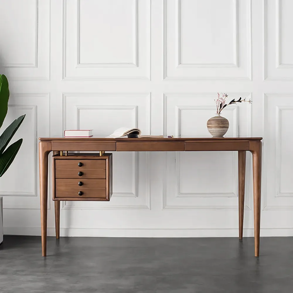 Mid-Century Style 55.1" Whitewash Ash Wood Home Office Desk with 3 Storage Drawers and Metal Accents