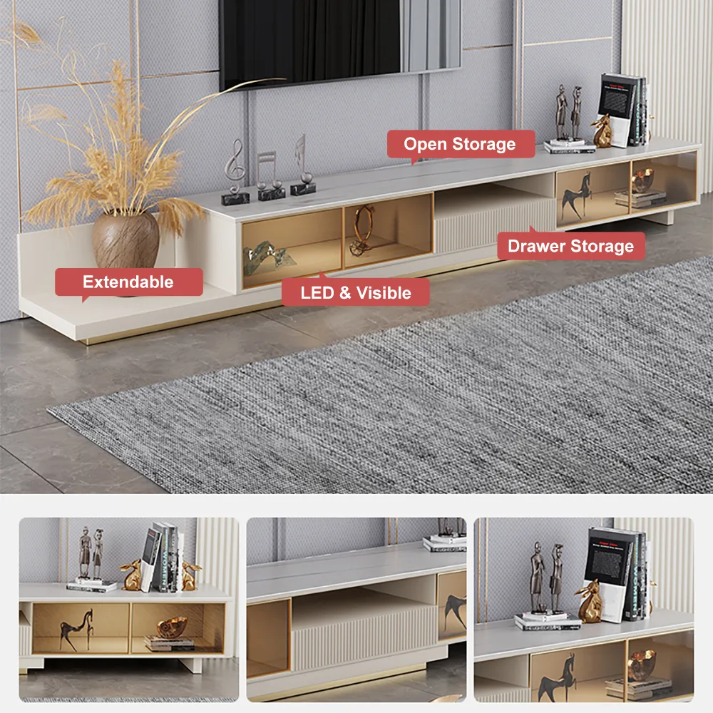 LED Light Extendable TV Stand Light Khaki Floor Media Console with Glass Door & Drawers — image 19