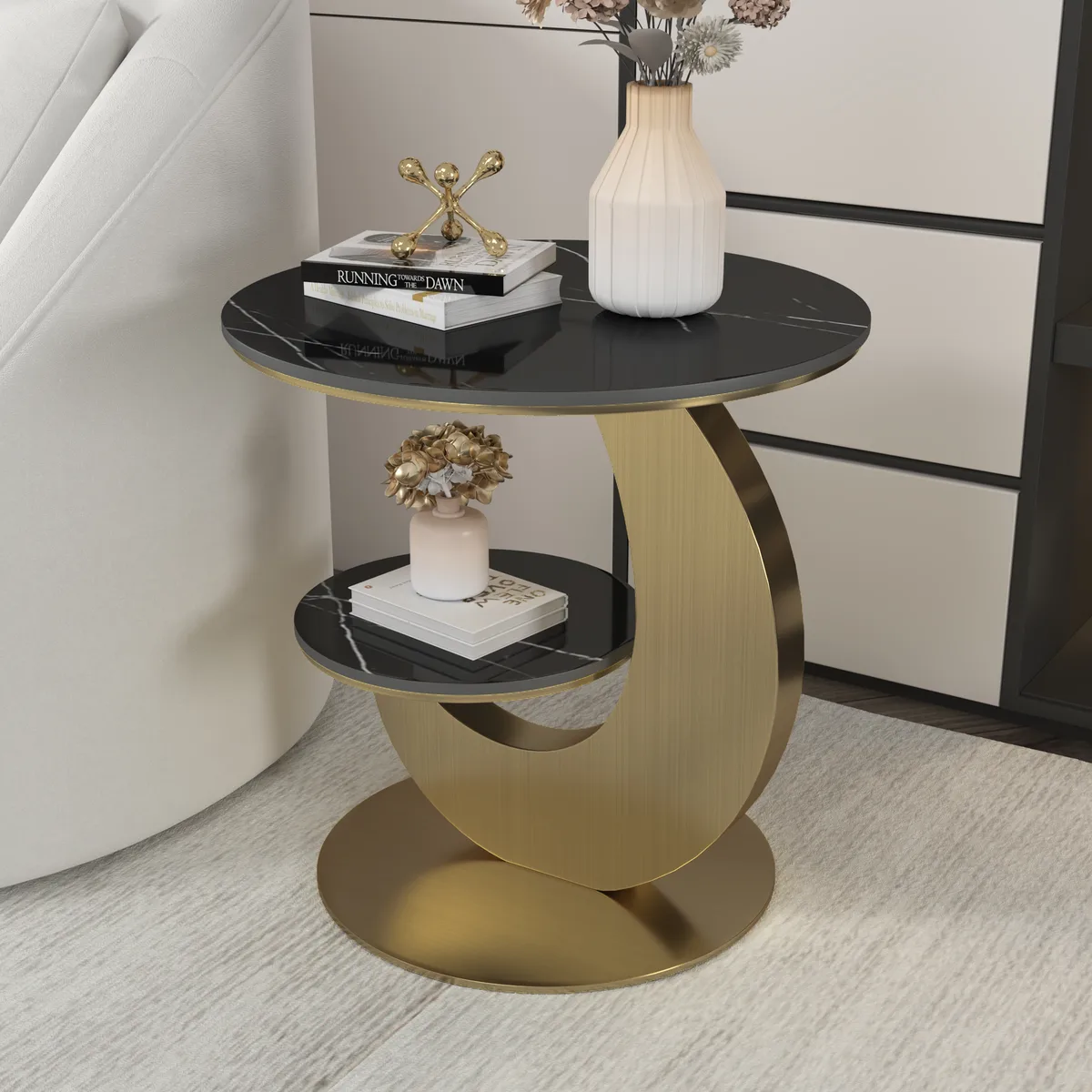 Round Faux Marble 2 Tier End Table Modern White & Gold Side Table — image 4