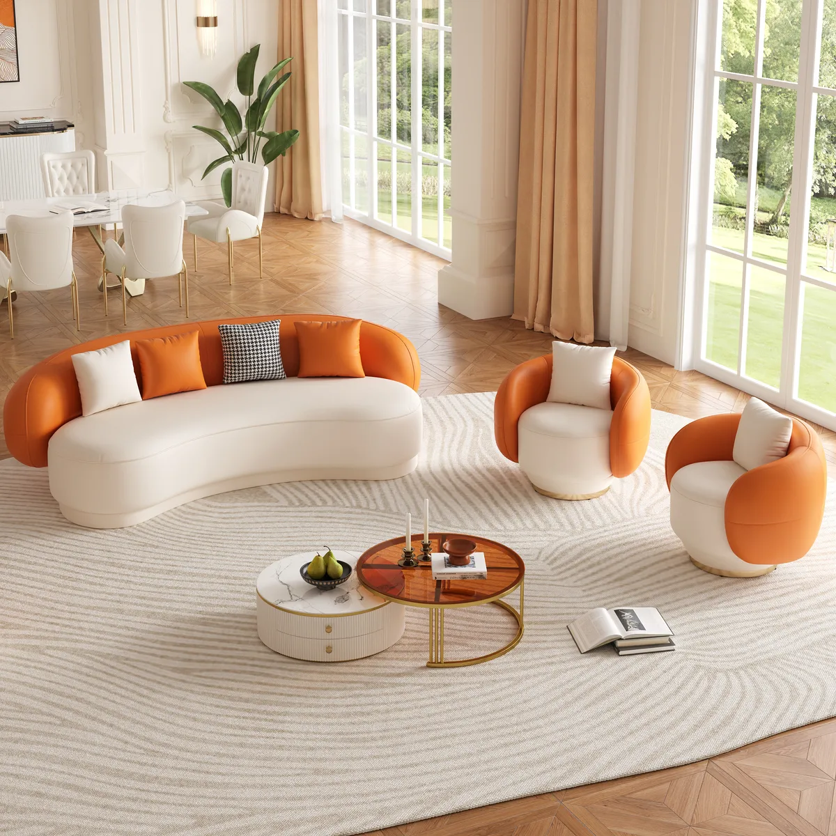 Suncurve Faux Leather 3-Seat Sofa Set with Swivel Accent Chairs — image 3