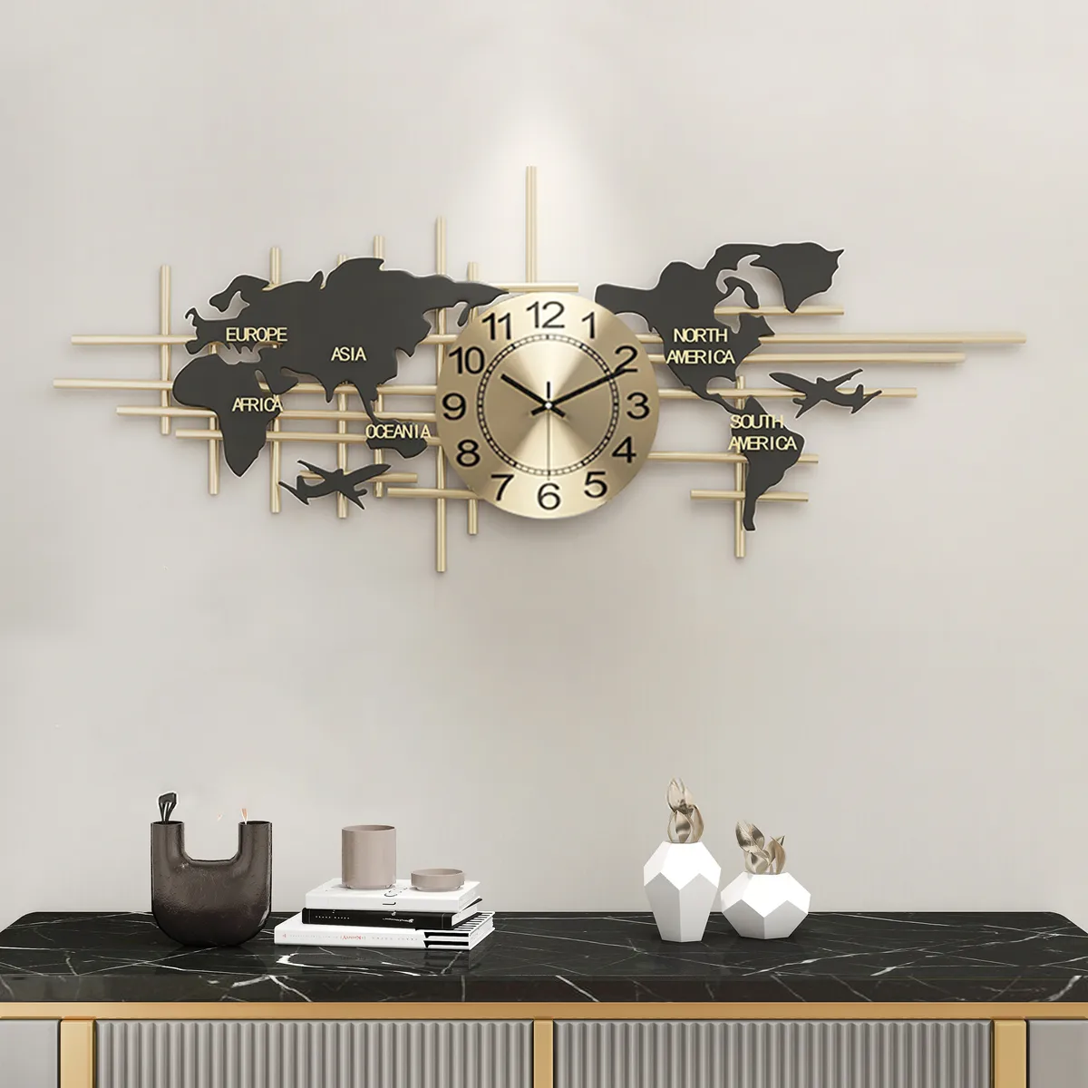 38" Modern Metal Large Map Wall Clock Decor Creative Silent Clocks Art for Living Room — image 4