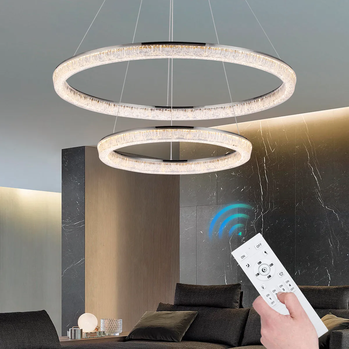Modern Double Ring LED Chandelier – 31.5", Adjustable Suspension, 3-Color Dimmable — image 3