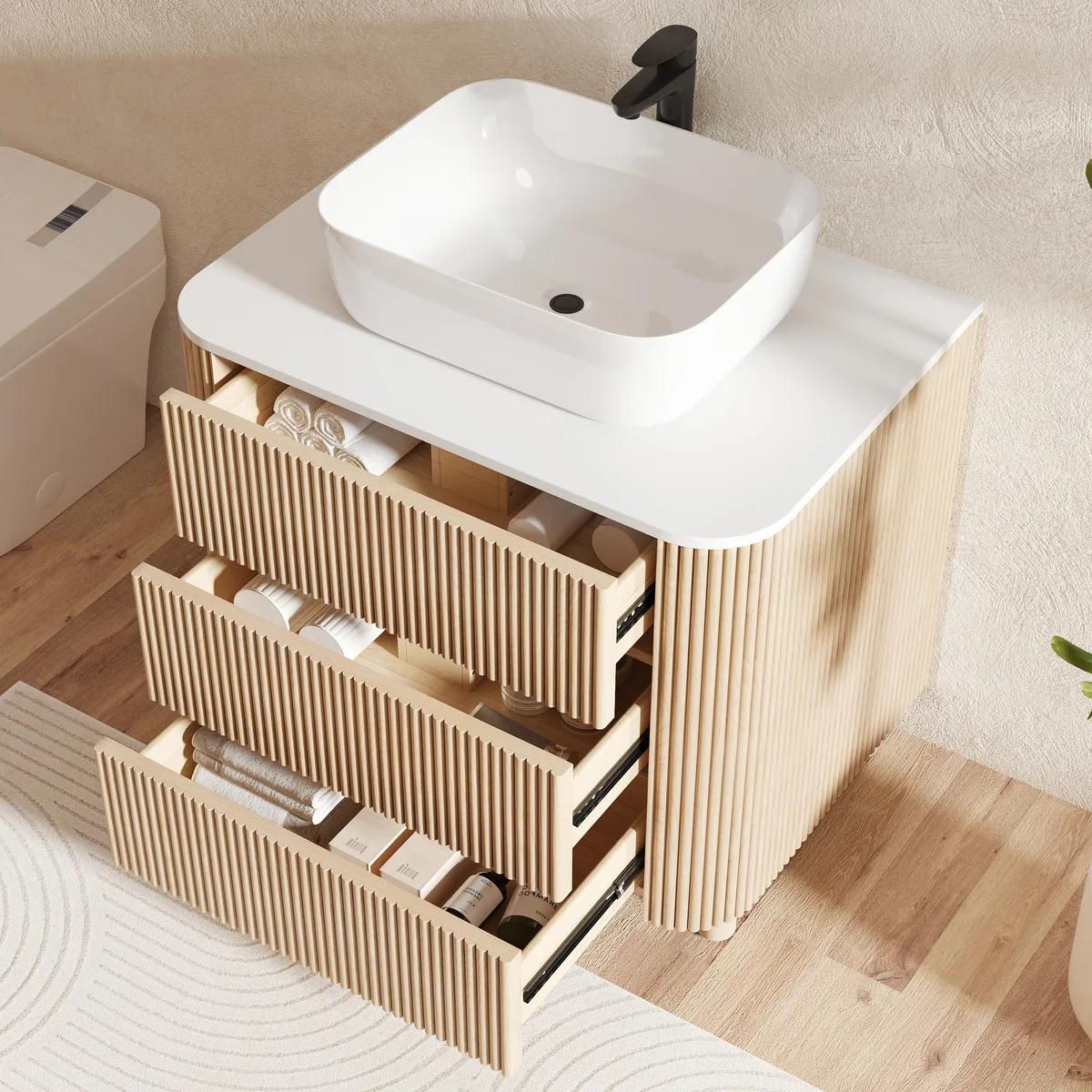 32" Fluted Freestanding Bathroom Vanity with Vessel Sink, 3-Drawers, Sintered Stone top — image 3